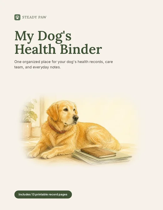 Cover of My Dog's Health Binder, showing a watercolor golden retriever resting beside a stack of notebooks