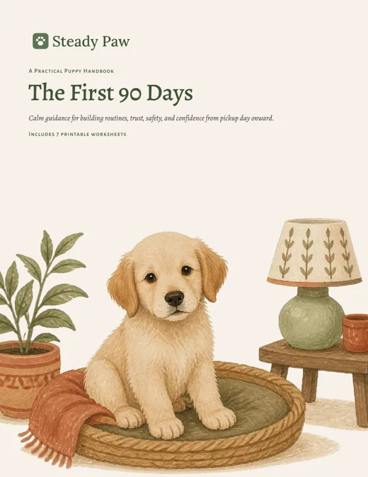 Cover of The First 90 Days handbook, showing a watercolor puppy on a dog bed