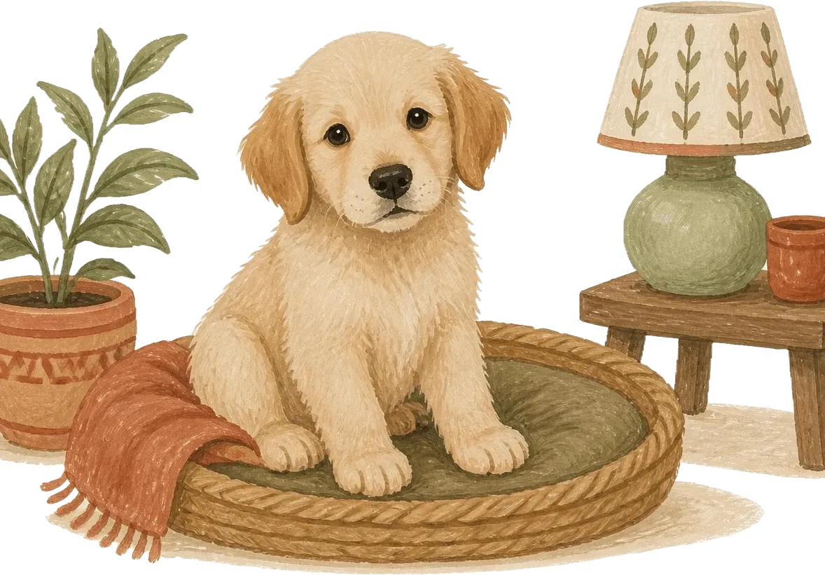 Watercolor illustration of a golden puppy sitting on a woven dog bed beside a plant and a lamp
