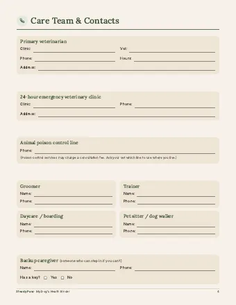 Care Team & Contacts page, as it looks in the PDF