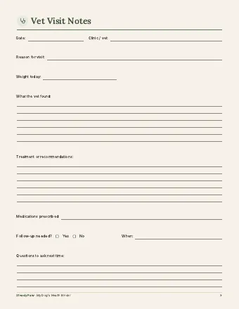 Vet Visit Notes page, as it looks in the PDF