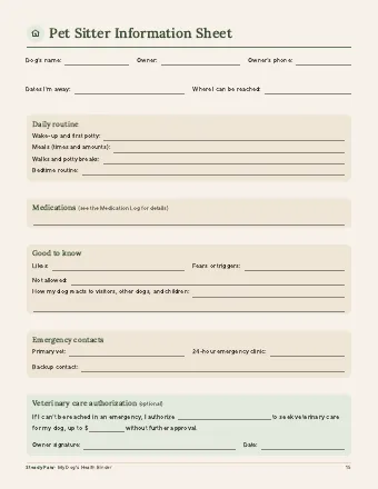 Pet Sitter Information Sheet page, as it looks in the PDF