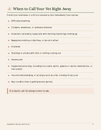 When to Call Your Vet Right Away page, as it looks in the PDF