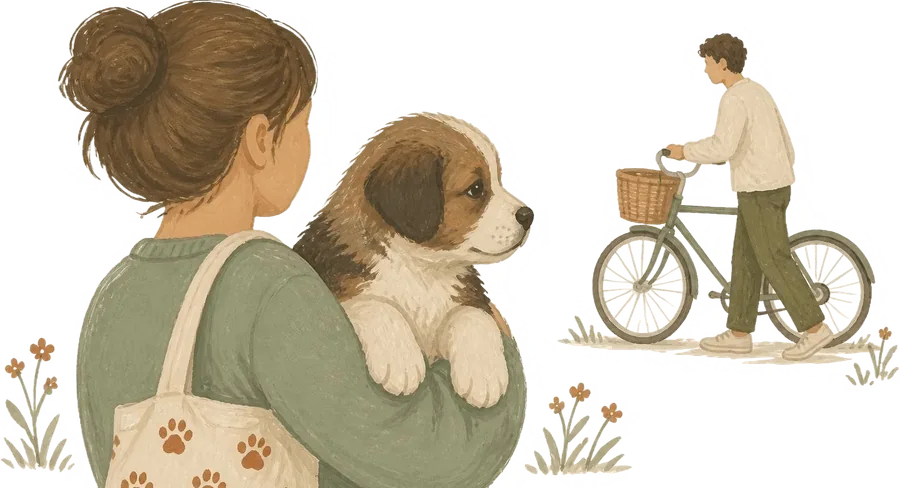 A person carrying a puppy in their arms on a walk