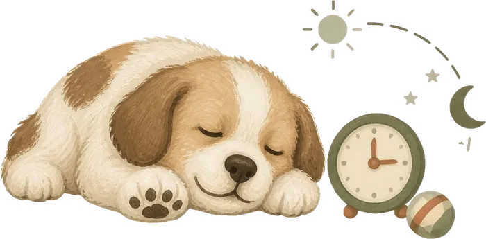 Puppy napping next to a small clock