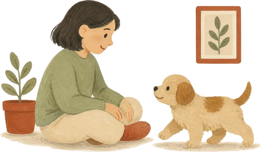 A person sitting on the floor as a puppy happily walks toward them